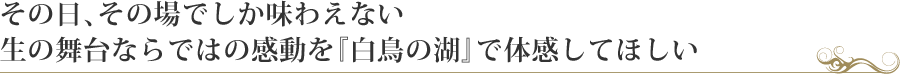 その日、その場でしか味わえない生の舞台ならではの感動を『白鳥の湖』で体感してほしい